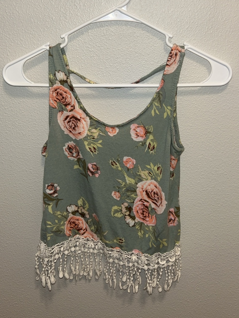Rue21 Sage Floral Fringe Tank with Pink Rose Print